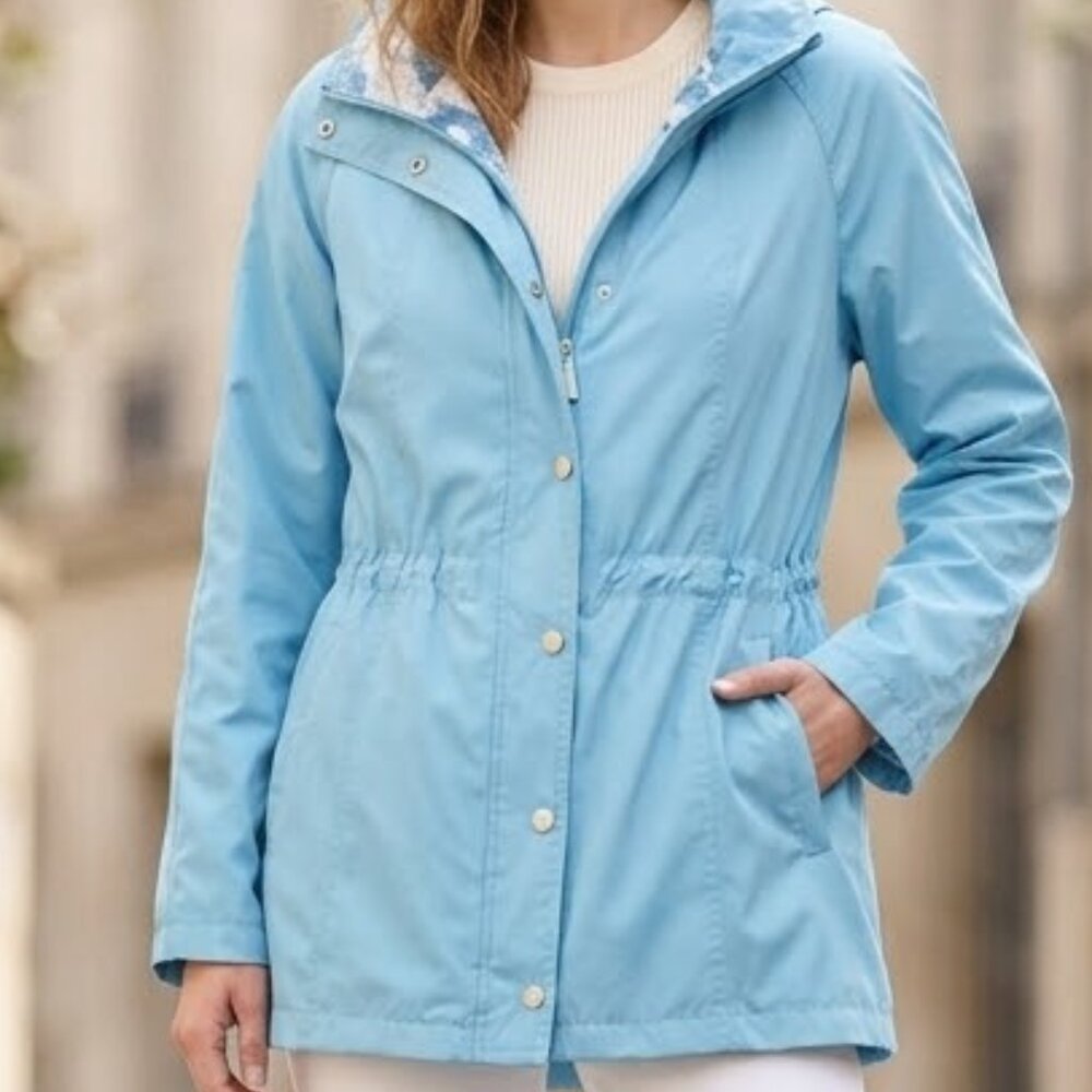 Blue Dennis Basso Water Resistant Zip Front Rain Jacket Floral Lining Size M Med